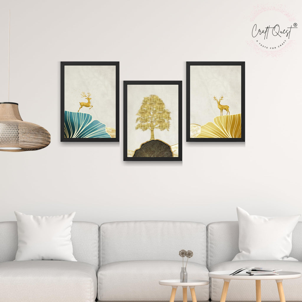 CRAFT QUEST Modern Art Landscape Of Golden Tree & Deer Wall Art | Set of 3 Frames for Home Decoration | Ideal for Living Room, Bedroom & Offices