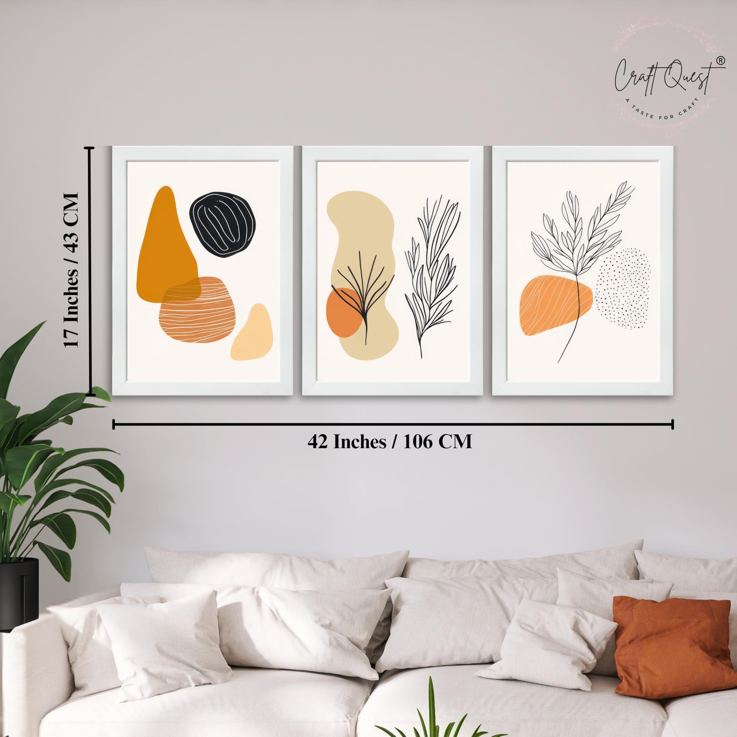 CRAFT QUEST Organic Abstract Line Art Modern Art | Set of 3 Frames for Home Decoration | Ideal for Living Room, Bedroom & Offices