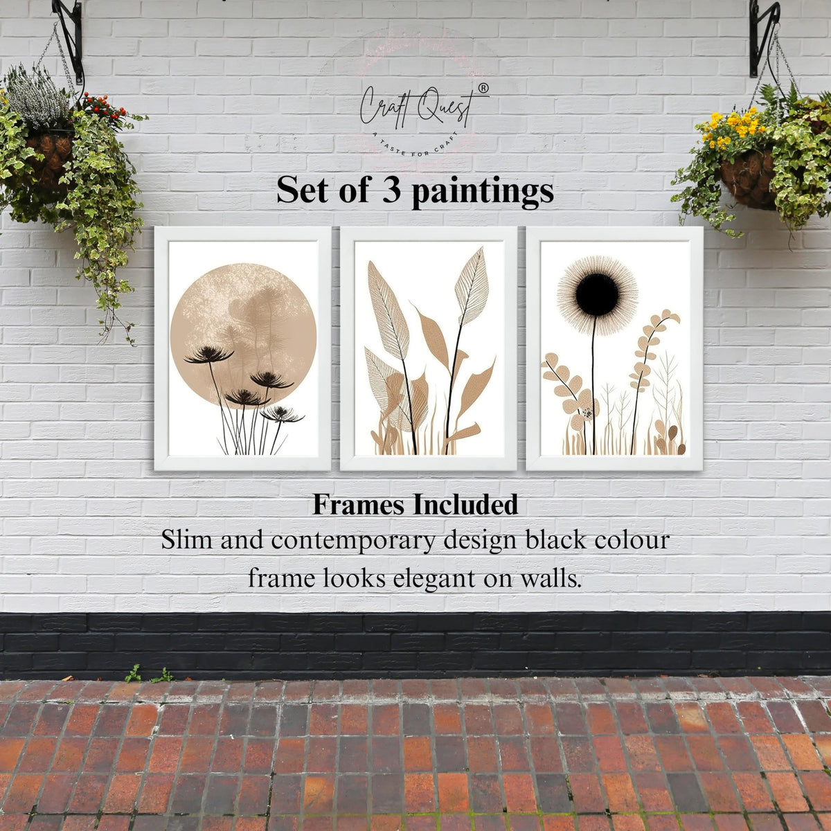 CRAFT QUEST Boho Minimalist Abstract Wall Art | Set of 3 Frames for Home Decoration | Ideal for Living Room, Bedroom & Offices