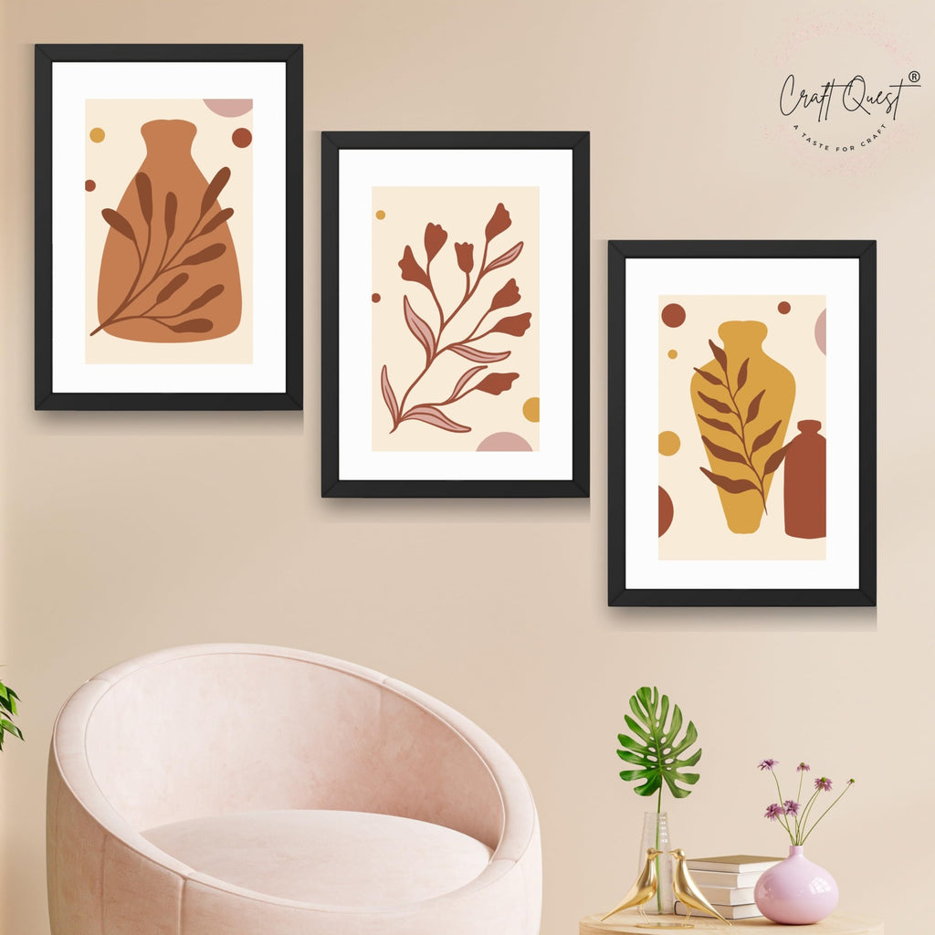 CRAFT QUEST Wall Art Decor Paintings | Set of 3 BOHO Wall Art Frames for Home Decoratio | Ideal for Living Room, Office & Bedrooms
