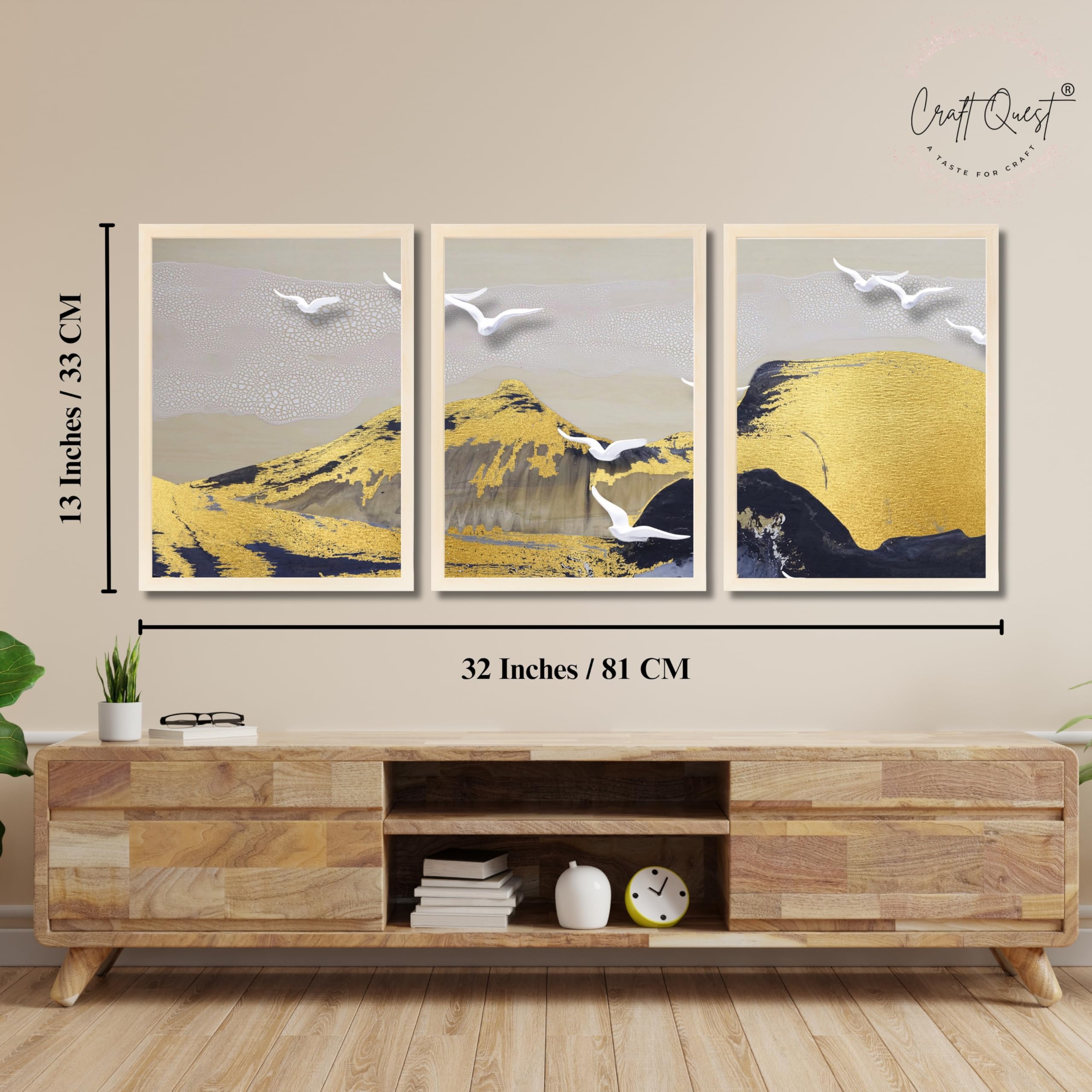 CRAFT QUEST Modern Art Abstract Porch Golden Wall Art | Set of 3 Frames for Home Decoration | Ideal for Living Room, Bedroom & Offices