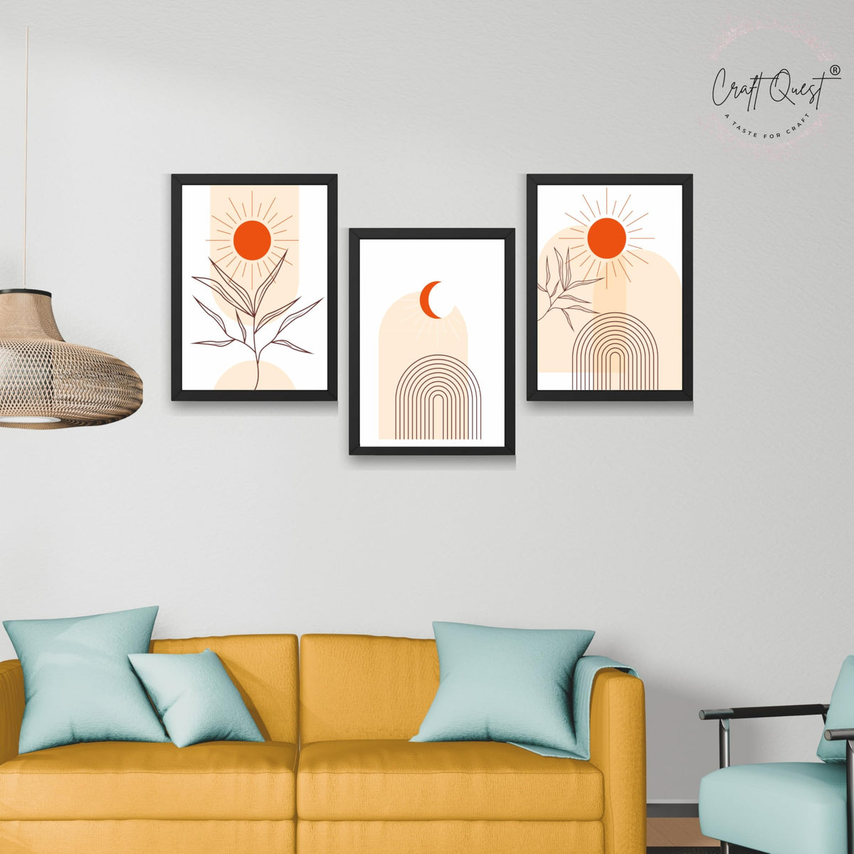 CRAFT QUEST Wall Art Decor Paintings | Set of 3 BOHO Wall Art Frames for Home Decoration | Ideal for Living Room, Bedroom & Office