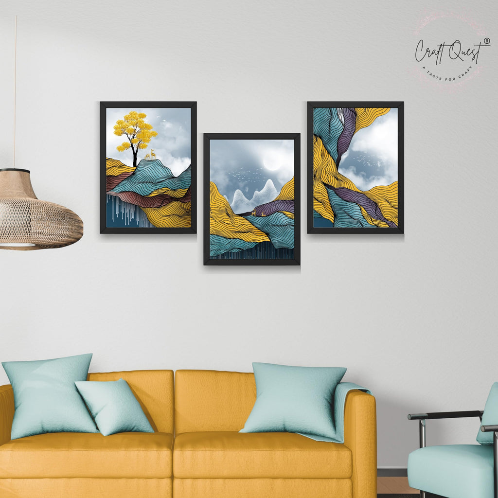 CRAFT QUEST Modern Abstract Landscape Art | Set of 3 Frames for Home Decoration | Ideal for Living Room, Bedroom & Offices
