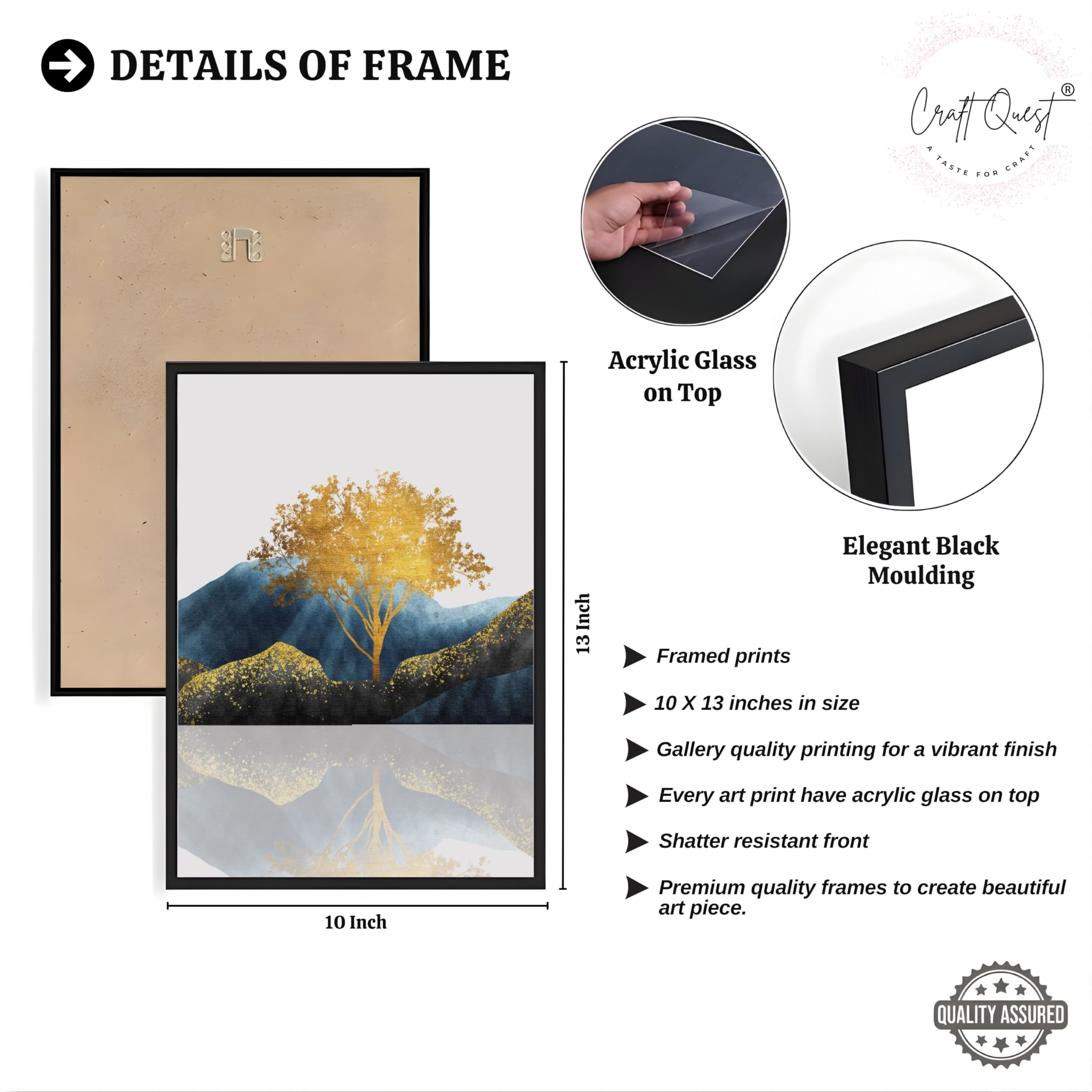 CRAFT QUEST Modern Abstract Golden Trees & Mountains | Set of 3 Frames for Home Decoration | Ideal for Living Room, Bedroom & Offices