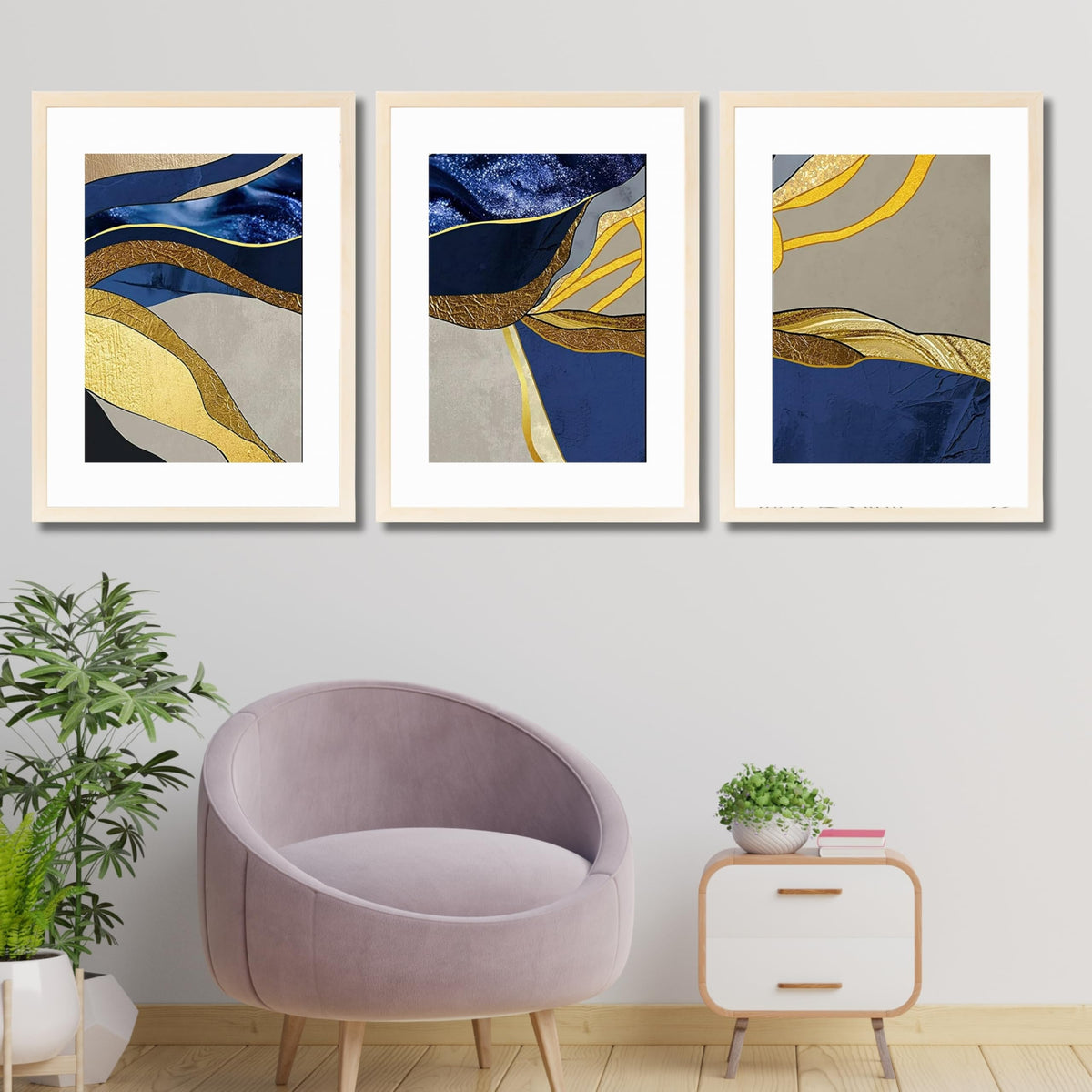 CRAFT QUEST Abstract Blue & Gold Artwork | Set of 3 Frames for Home Decoration | Ideal for Living Room, Bedroom & Offices