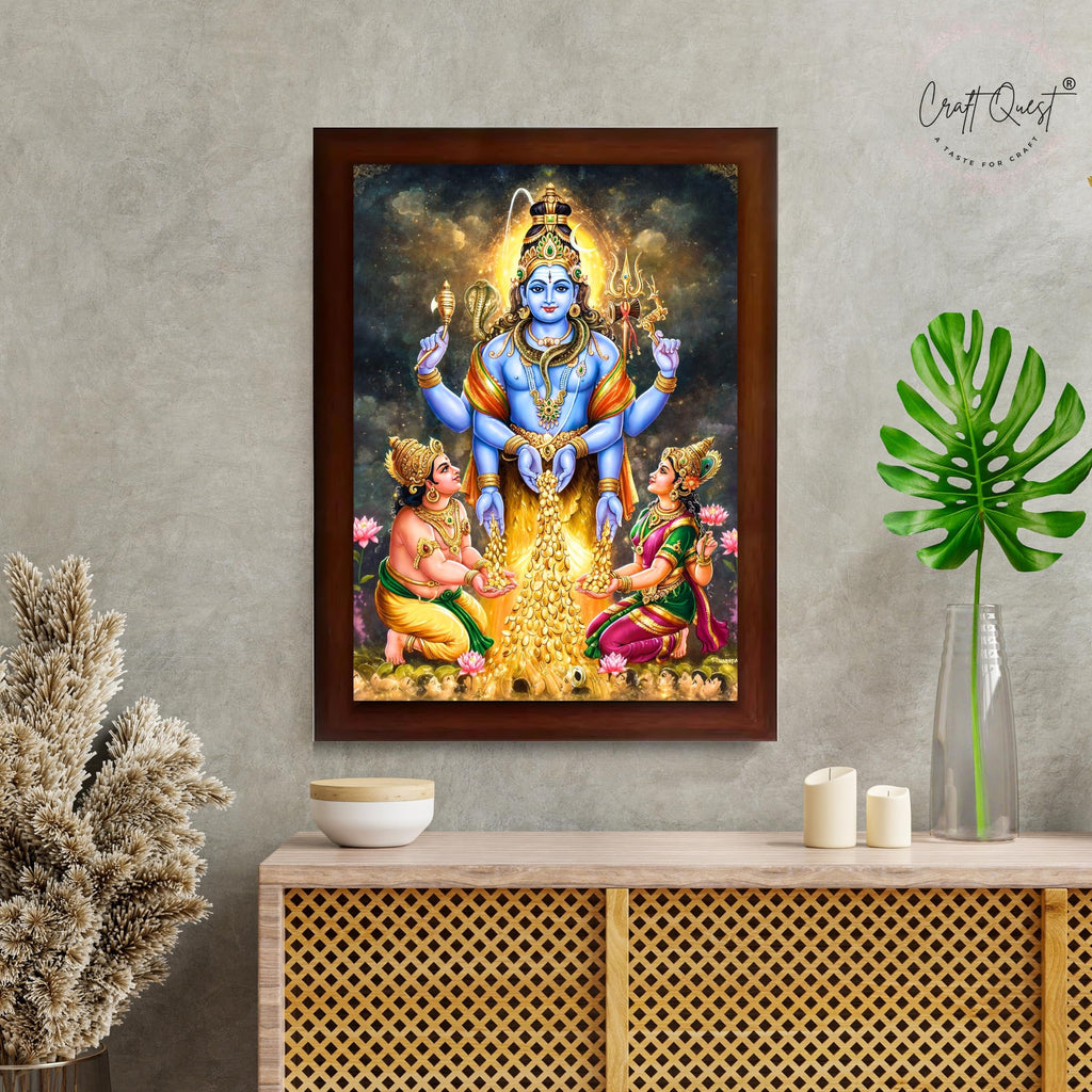 CRAFT QUEST Lord Swarnakarshana Bhairava Swamy With Lakshmi Devi and Kuber Bhagwan Religious Wall Photo Frame |Dhan Bhairav Frame for Home, Office, Temple & Gifting