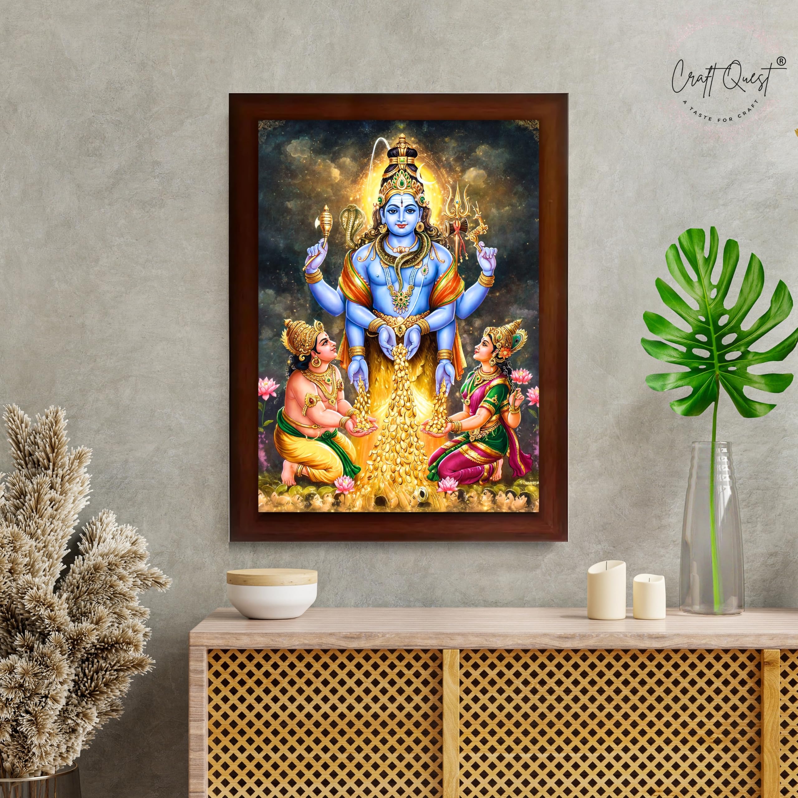 CRAFT QUEST Lord Swarnakarshana Bhairava Swamy With Lakshmi Devi and Kuber Bhagwan Religious Wall Photo Frame |Dhan Bhairav Frame for Home, Office, Temple & Gifting