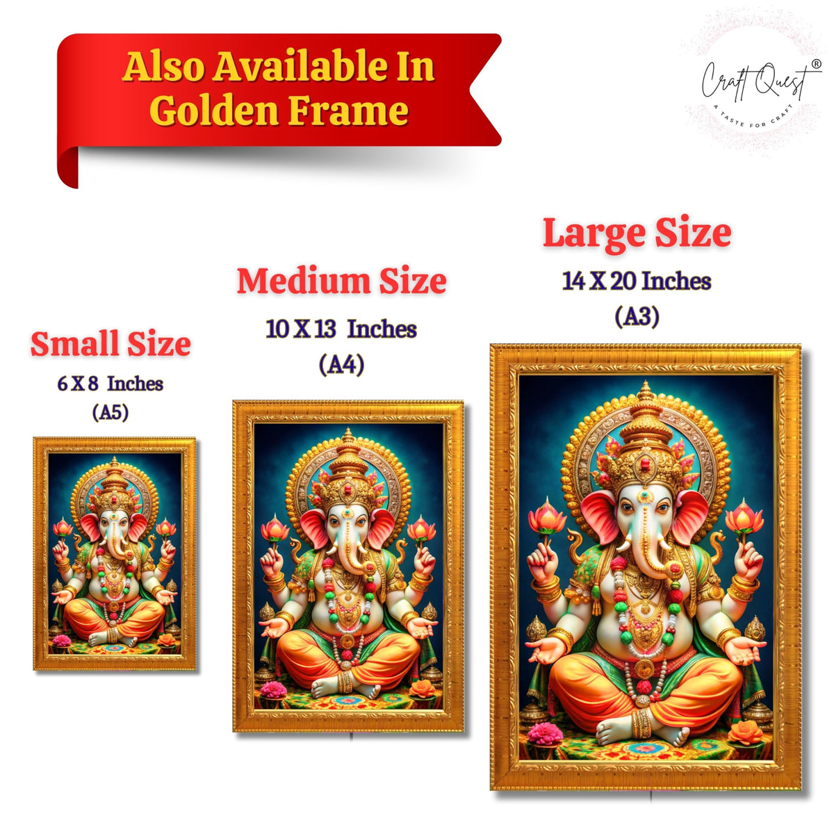 CRAFT QUEST Lord Ganpati Ji Laminated God Photo Frame Wall Decor Mandir Pooja Poster Religious Painting Divine Hindu Temple Decoration Spiritual Blessings Home Office Gift