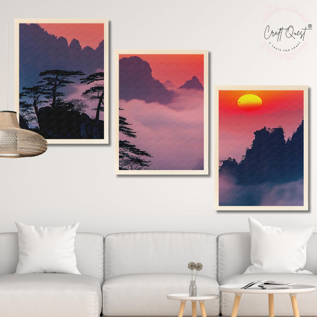 CRAFT QUEST Nature Inspired Mountains & Clouds Wall Art | Set of 3 Frames for Home Decoration | Ideal for Living Room, Bedroom & Offices