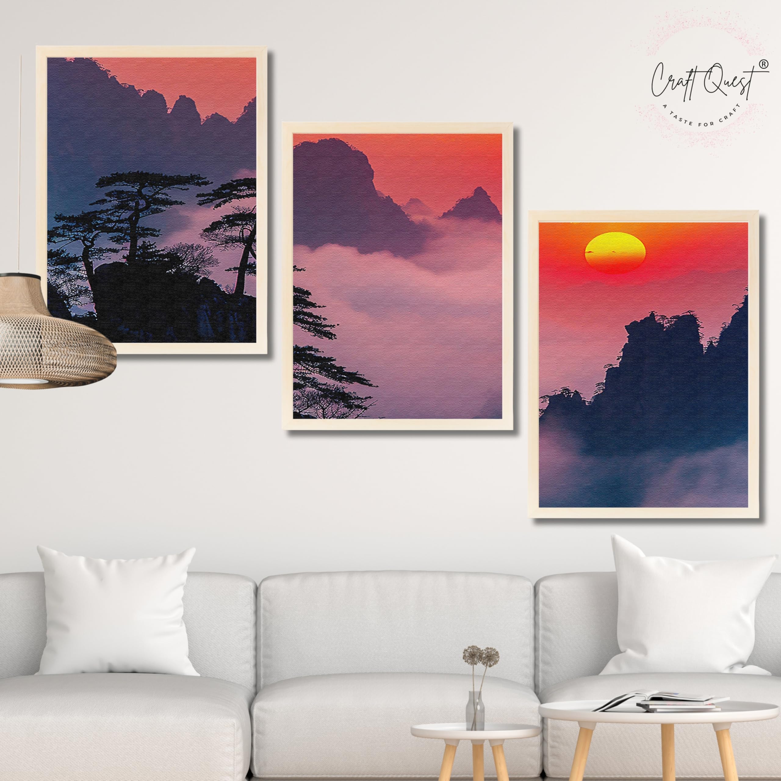 CRAFT QUEST Nature Inspired Mountains & Clouds Wall Art | Set of 3 Frames for Home Decoration | Ideal for Living Room, Bedroom & Offices