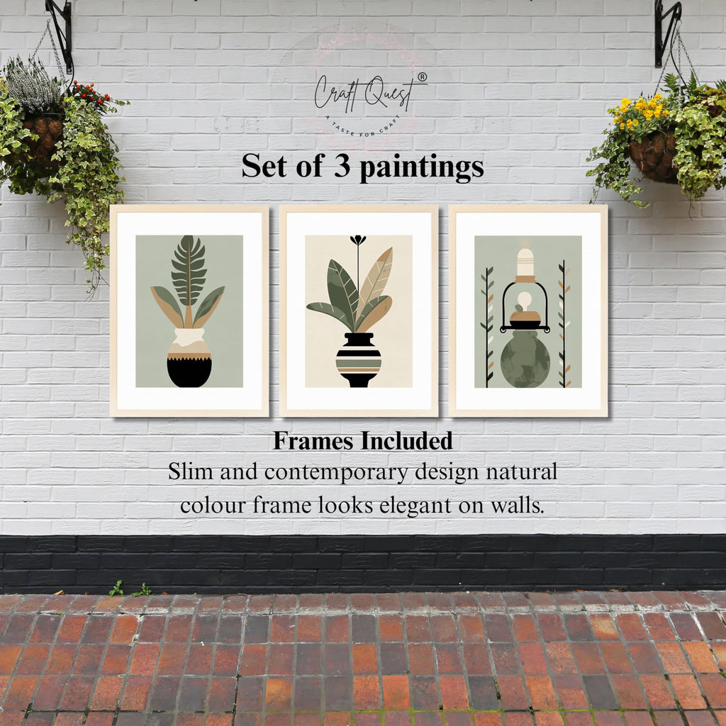 CRAFT QUEST Boho Leaves & Flowers Geometric Abstract | Set of 3 Frames for Home Decoration | Ideal for Living Room, Bedroom & Offices