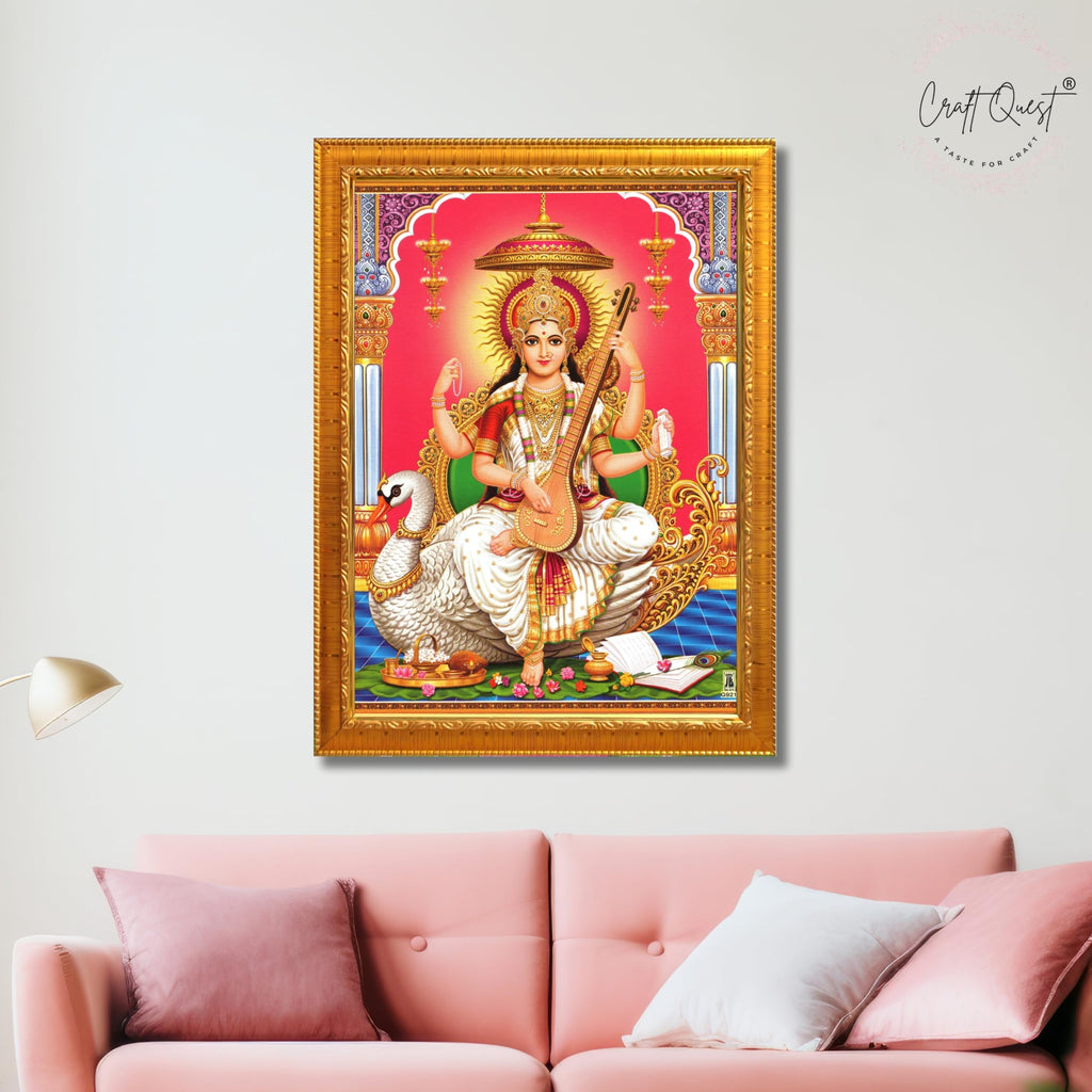 CRAFT QUEST Saraswati Devi Goddess Saraswathi Maa Wall Painting Sparkle Coated Framed Home Décor Synthetic wooden Framed