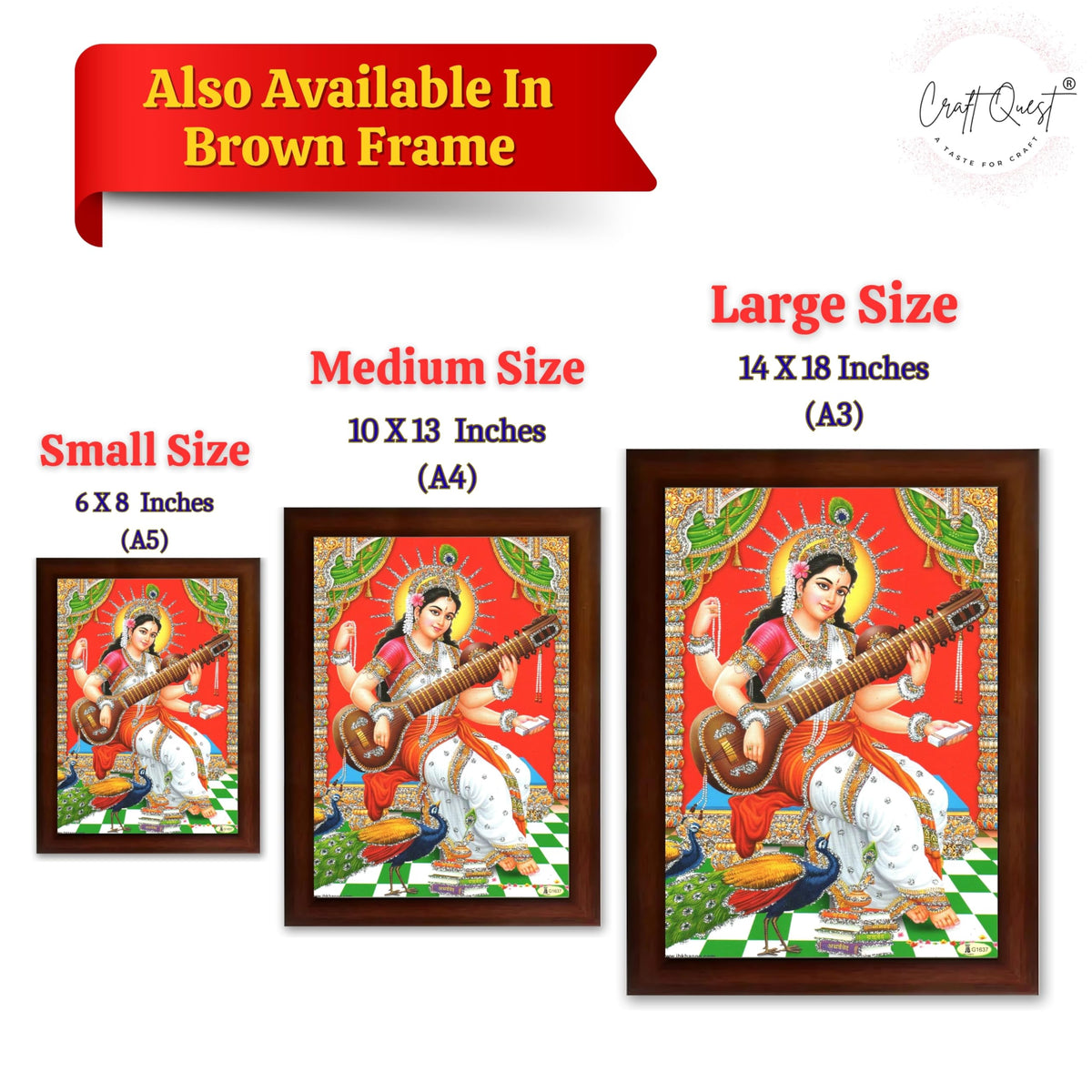 CRAFT QUEST Saraswati Devi Goddess Saraswati Maa Wall Painting Framed Home Decor wooden frame