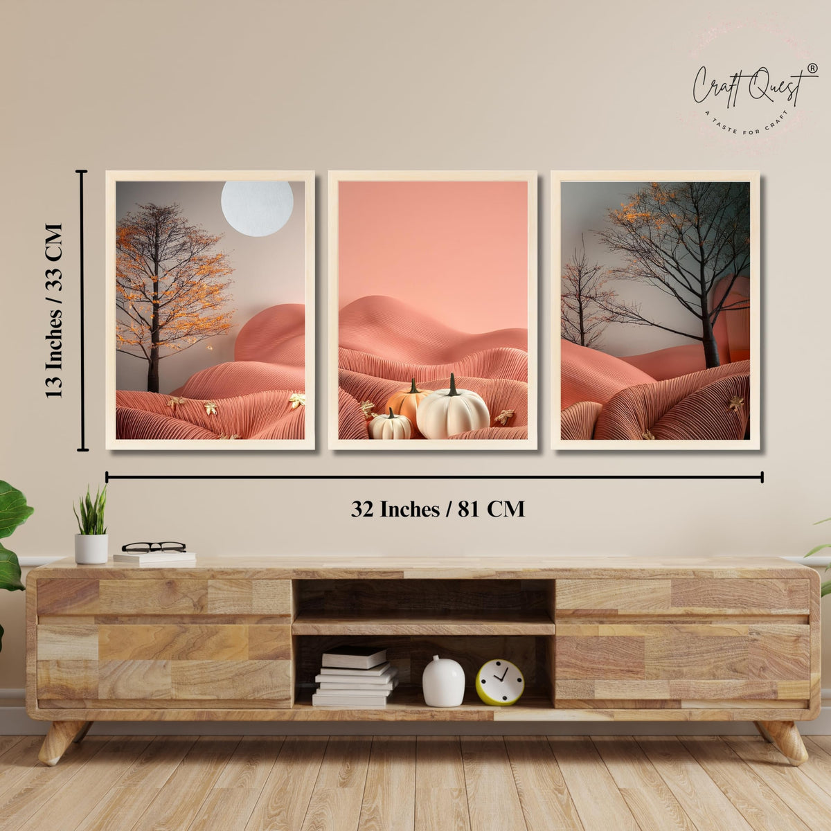 CRAFT QUEST Nature Inspired Autumn Minimalist Modern Wall Art | Set of 3 Frames for Home Decoration | Ideal for Living Room, Bedroom & Office
