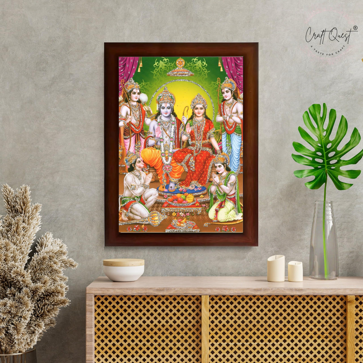 CRAFT QUEST Ram Darbar Lord Shri Rama Sita Parivar Family Wall Painting Framed Home and Pooja Decor