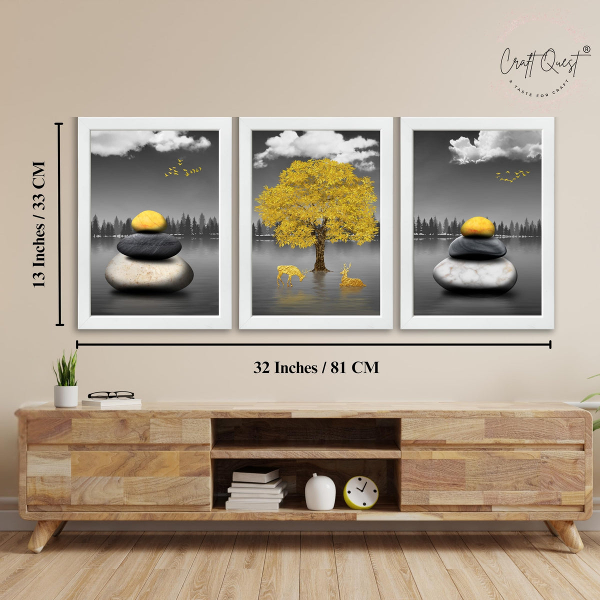 CRAFT QUEST Modern Art Geometric Landscapes Wall Art | Set of 3 Frames for Home Decoration | Ideal for Living Room, Bedroom & Offices