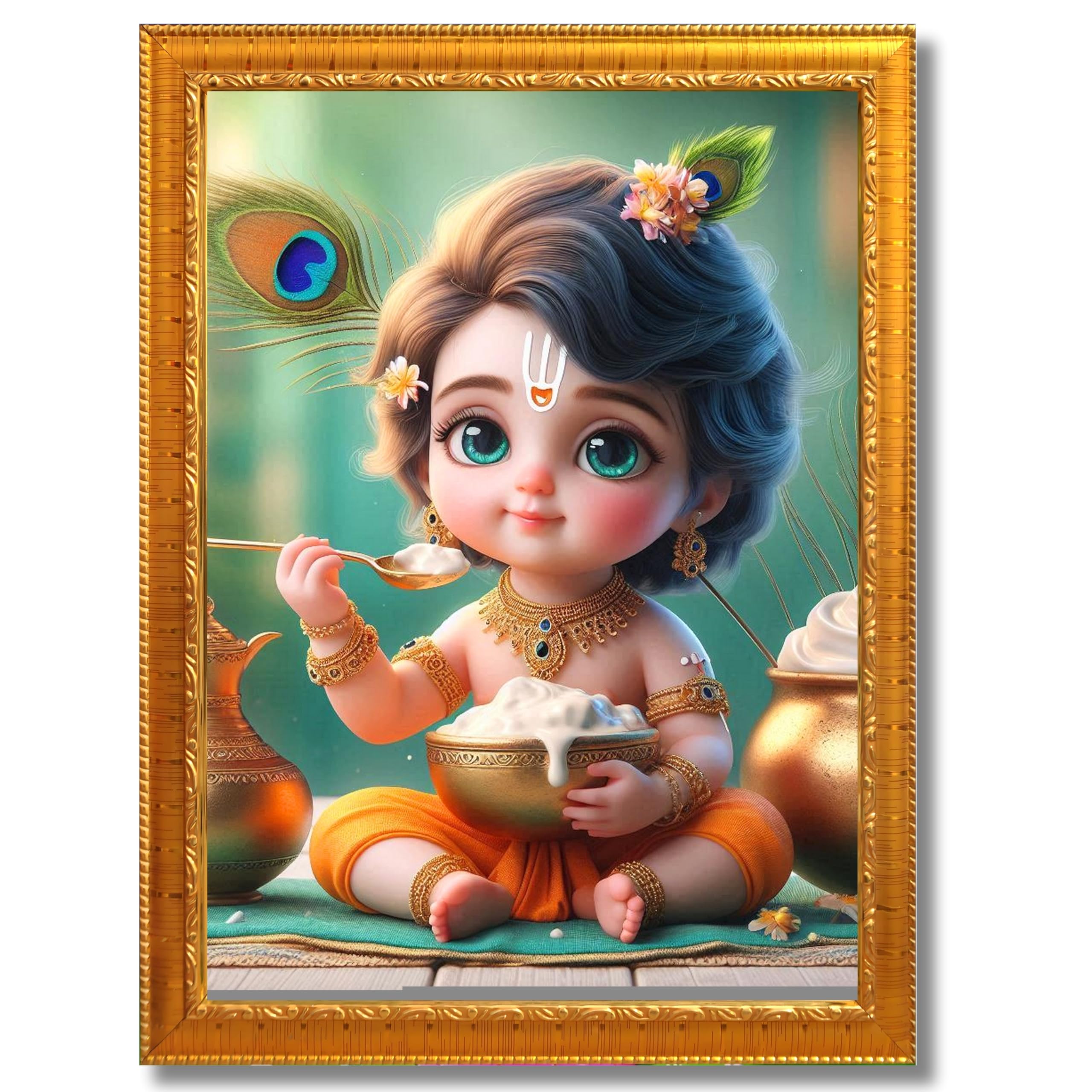 CRAFT QUEST Cute Baby Krishna HD Print | Little Krishna Frame for Home Temple, Office Desk, Car Dashboard