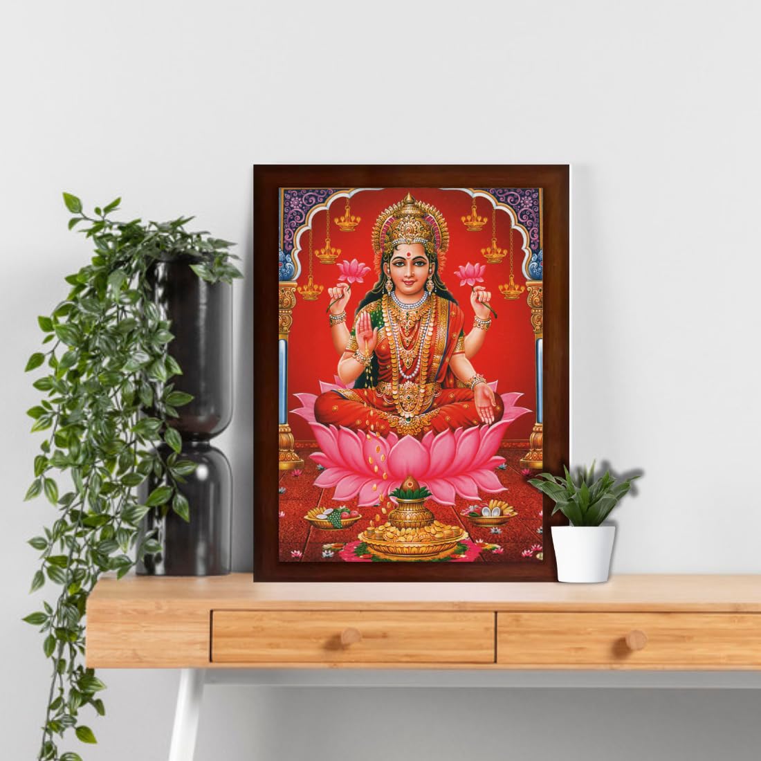 CRAFT QUEST Goddess Lakshmi Devi Dhana Vaibhav Laxmi Maa Wall Painting Frame Home Decor (Synthetic, Matte Finish, Brown, Medium Size, 14 X 10 Inch)