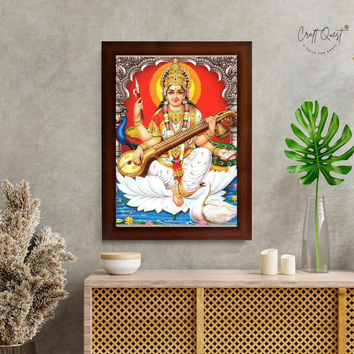 CRAFT QUEST Saraswati Devi Goddess Saraswathi Maa Wall Painting Sparkle Coated Framed Home Décor Synthetic wooden Frame