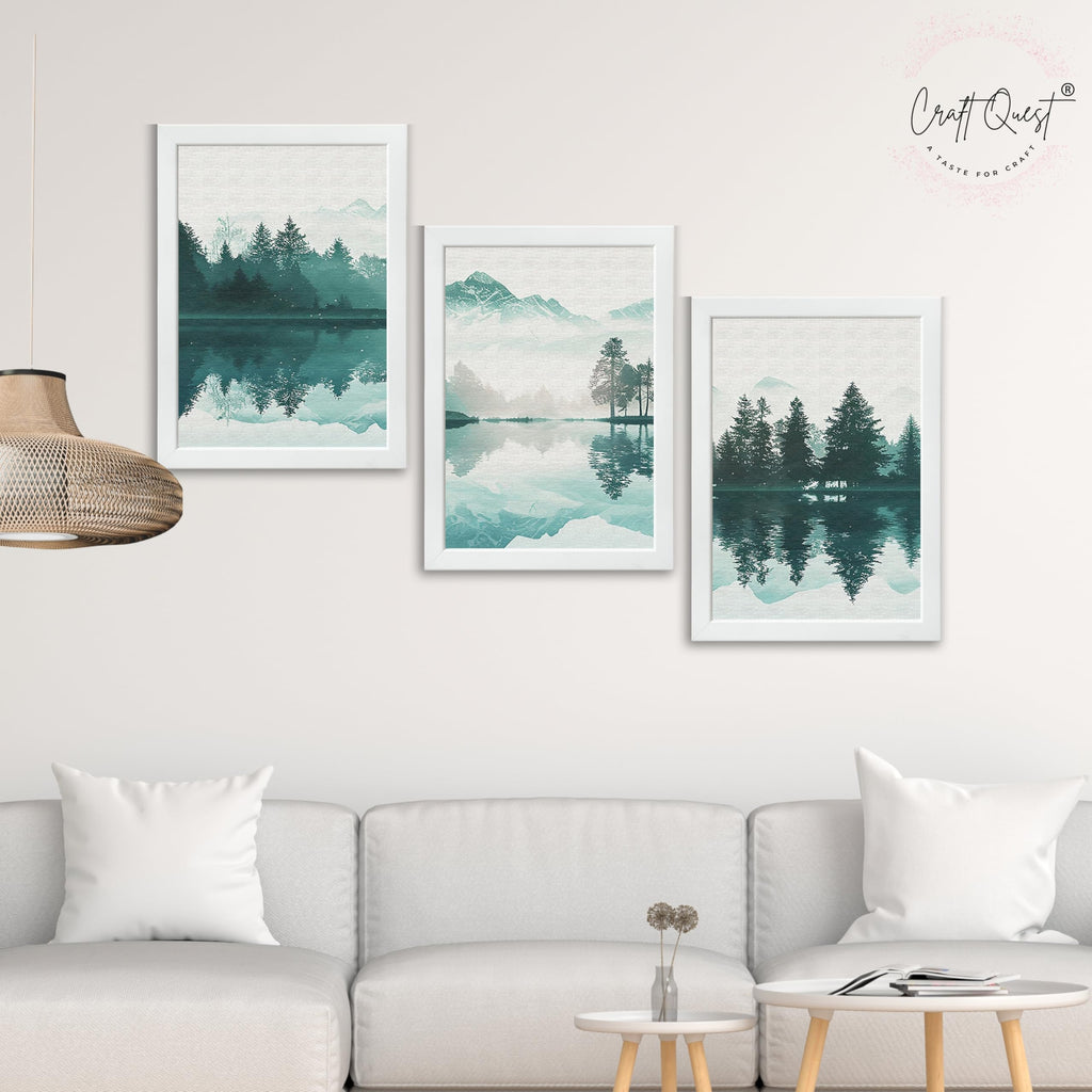 CRAFT QUEST Nature Inspired Series Paintings With Trees & Mountains Wall Art | Set of 3 Frames for Home Decoration | Ideal for Living Room, Bedroom & Offices