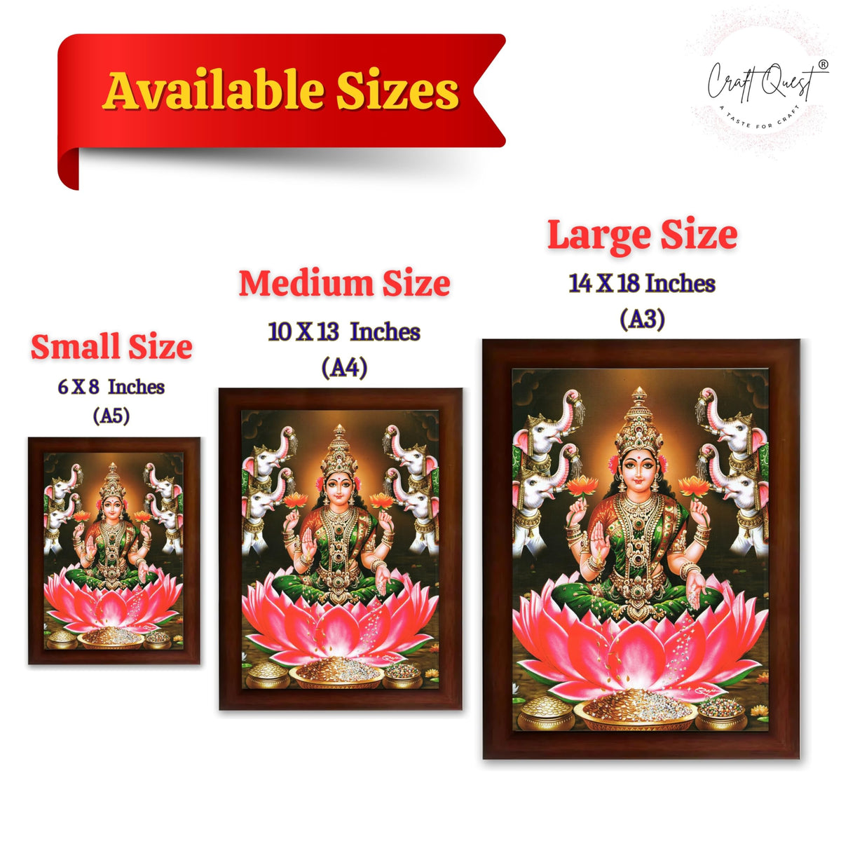 CRAFT QUEST Goddess Lakshmi Devi Vaibhav Laxmi Maa Wall Painting Photo Framed | Ideal for Home, Office, Temple & Puja Room, Wall Decor