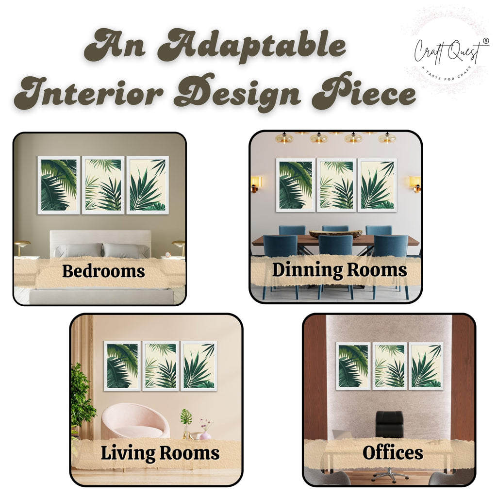 CRAFT QUEST Nature Inspired Tropical Palm Leaves Modern Wall Art | Set of 3 Frames for Home Decoration | Ideal for Living Room, Bedroom & Offices