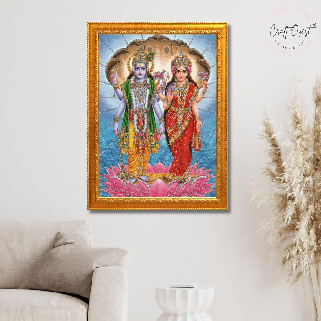 CRAFT QUEST Lord Vishnu Dev Lakshmi Devi Laxmi Narayan Ji Wall Painting Framed Home Decor, Religious Photo Frame