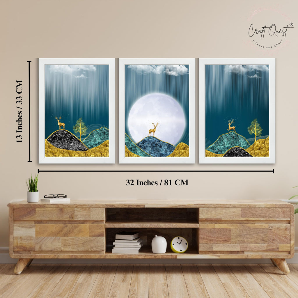 CRAFT QUEST Modern Art Landscape Of Moon & Golden Christmas Trees Wall Art | Set of 3 Frames for Home Decoration | Ideal for Living Room, Bedroom & Offices