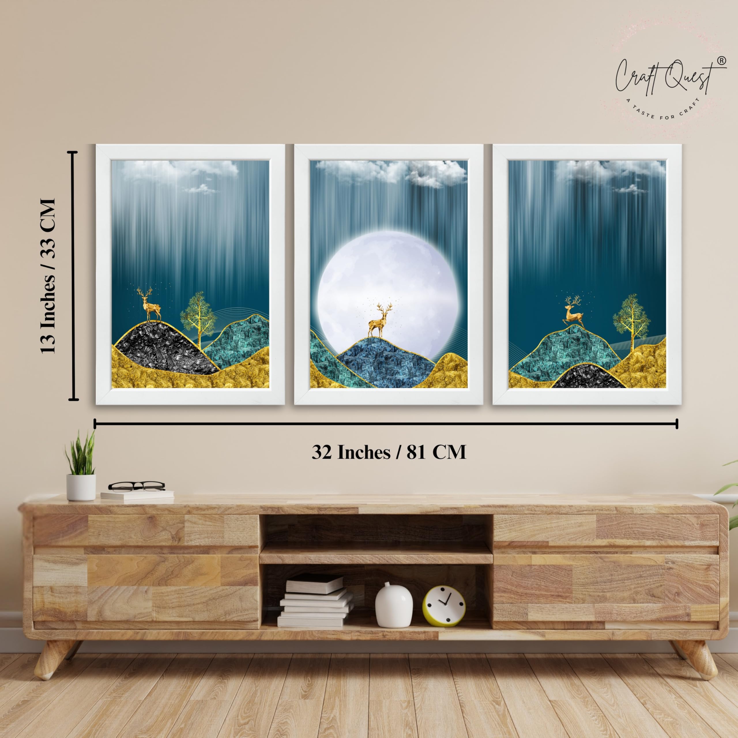 CRAFT QUEST Modern Art Landscape Of Moon & Golden Christmas Trees Wall Art | Set of 3 Frames for Home Decoration | Ideal for Living Room, Bedroom & Offices