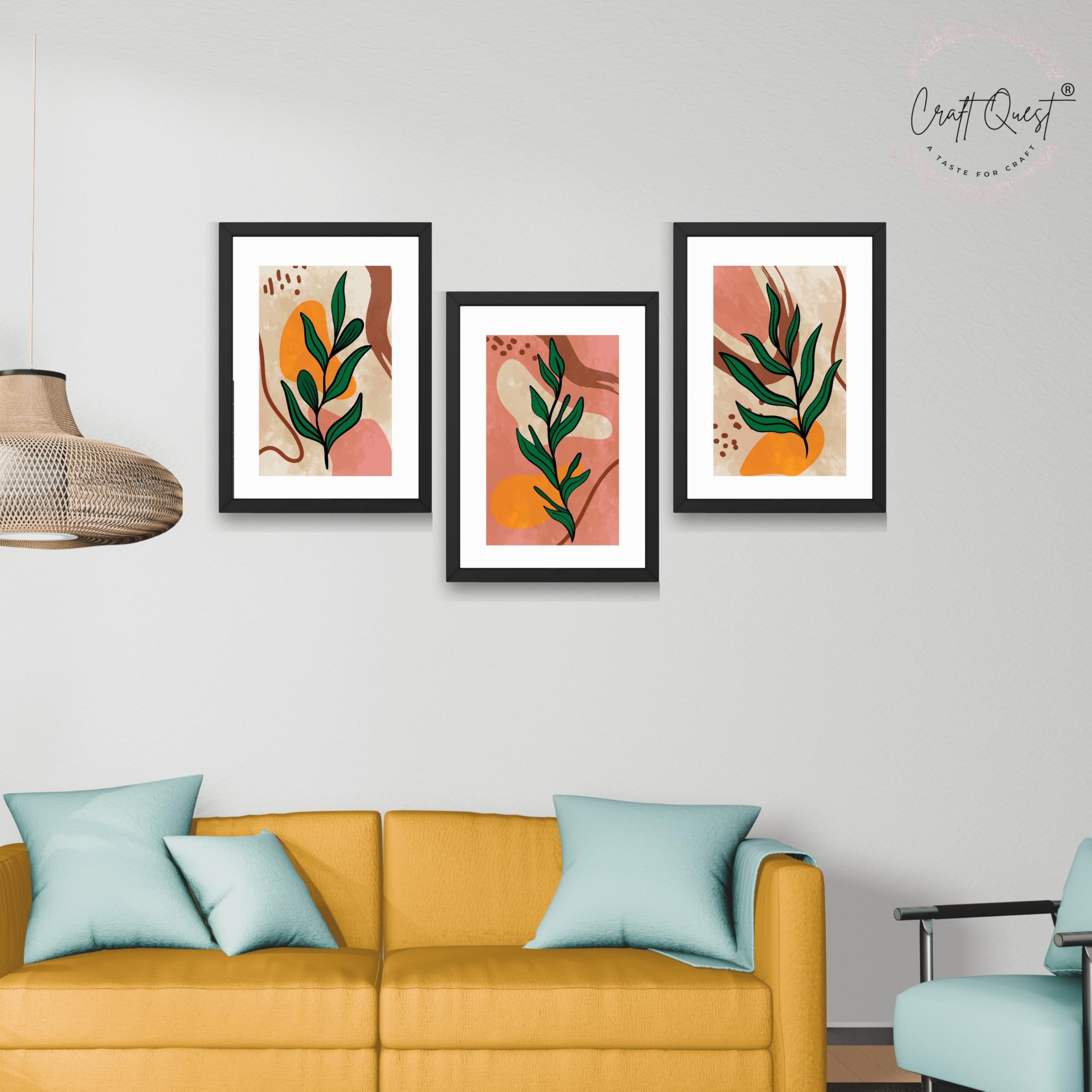 CRAFT QUEST Wall Art Decor Paintings | Set of 3 BOHO Wall Art Frames for Home Decoration | Ideal for Living Room, Bedrooms & Office