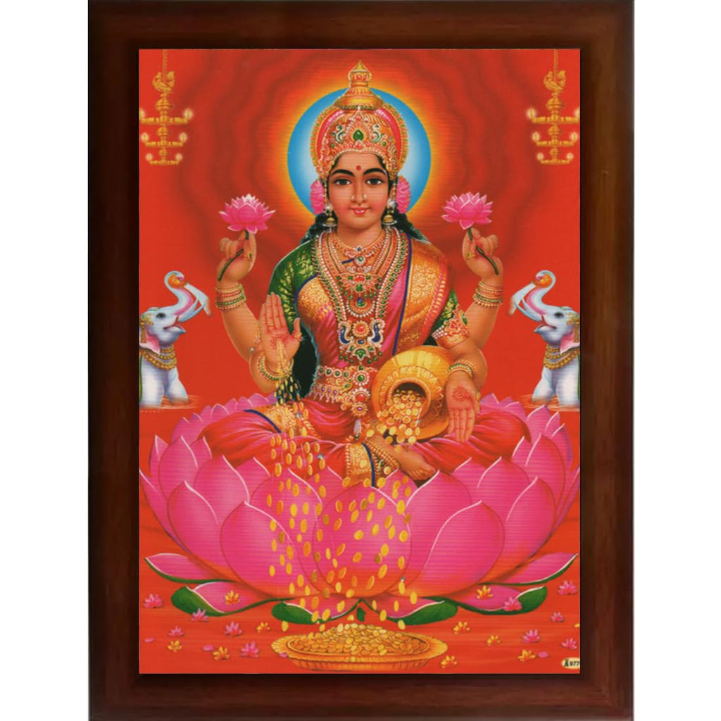 CRAFT QUEST Goddess Lakshmi Devi | Vaibhav Laxmi Wall Painting Frame Home Decor (Synthetic, Matte Finish, Brown, Large Size, 14 X 10 Inch)