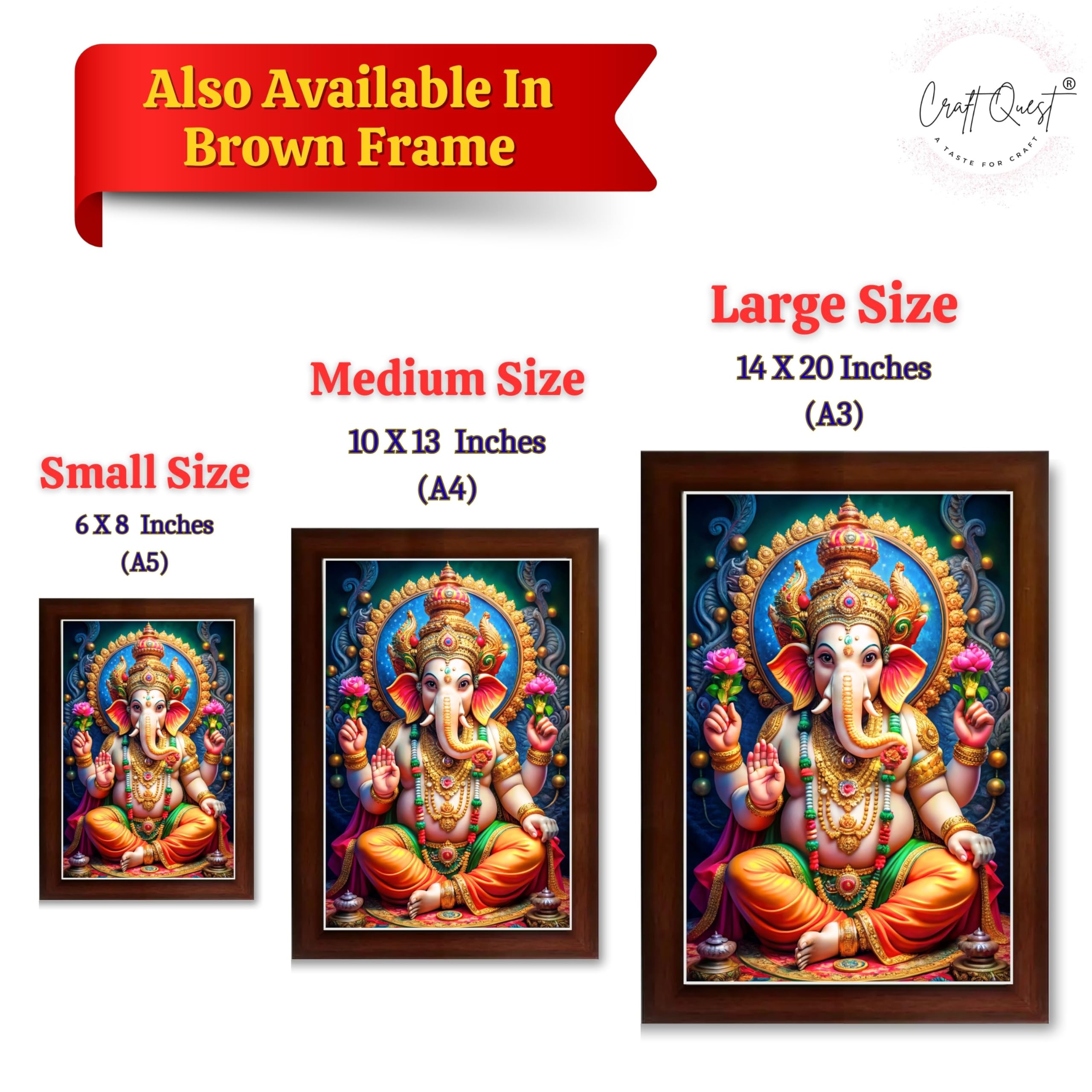 CRAFT QUEST Laminated God Ganpati ji Photo Frame Wall Decor Mandir Pooja Poster Religious Painting Divine Hindu Temple Decoration Spiritual Blessings Home Office Gift