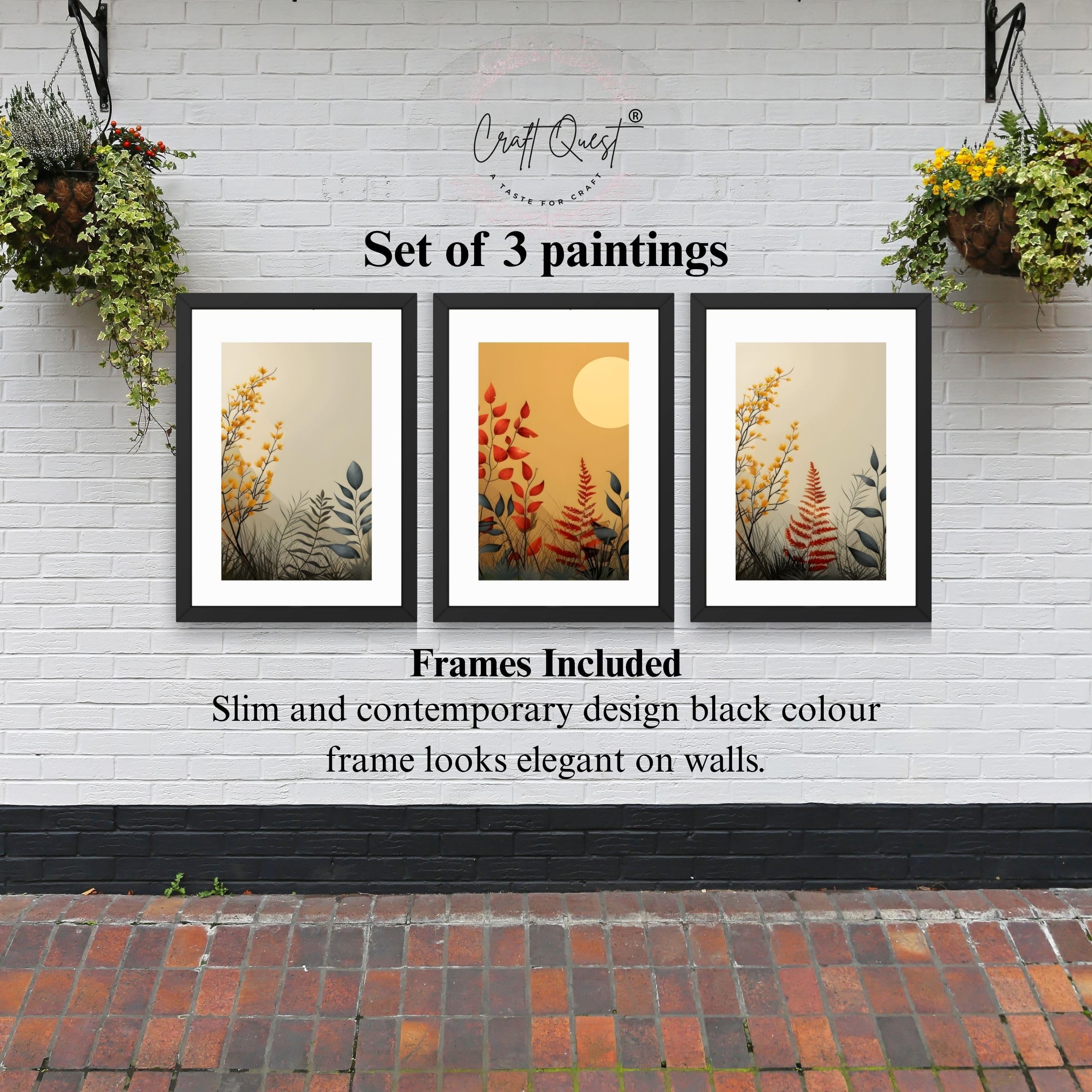 CRAFT QUEST Wall Art Decor Paintings | Set of 3 FLORAL Wall Art Frames for Home Decoration | Ideal for Living Room, Bedroom & Offices