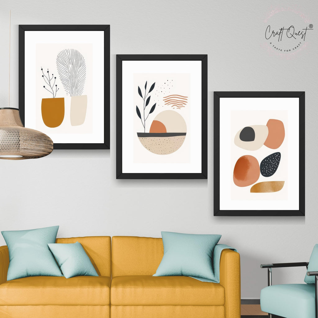 CRAFT QUEST Contemporary Organic Abstract Wall Art | Set of 3 Frames for Home Decoration | Ideal for Living Room, Bedroom & Offices
