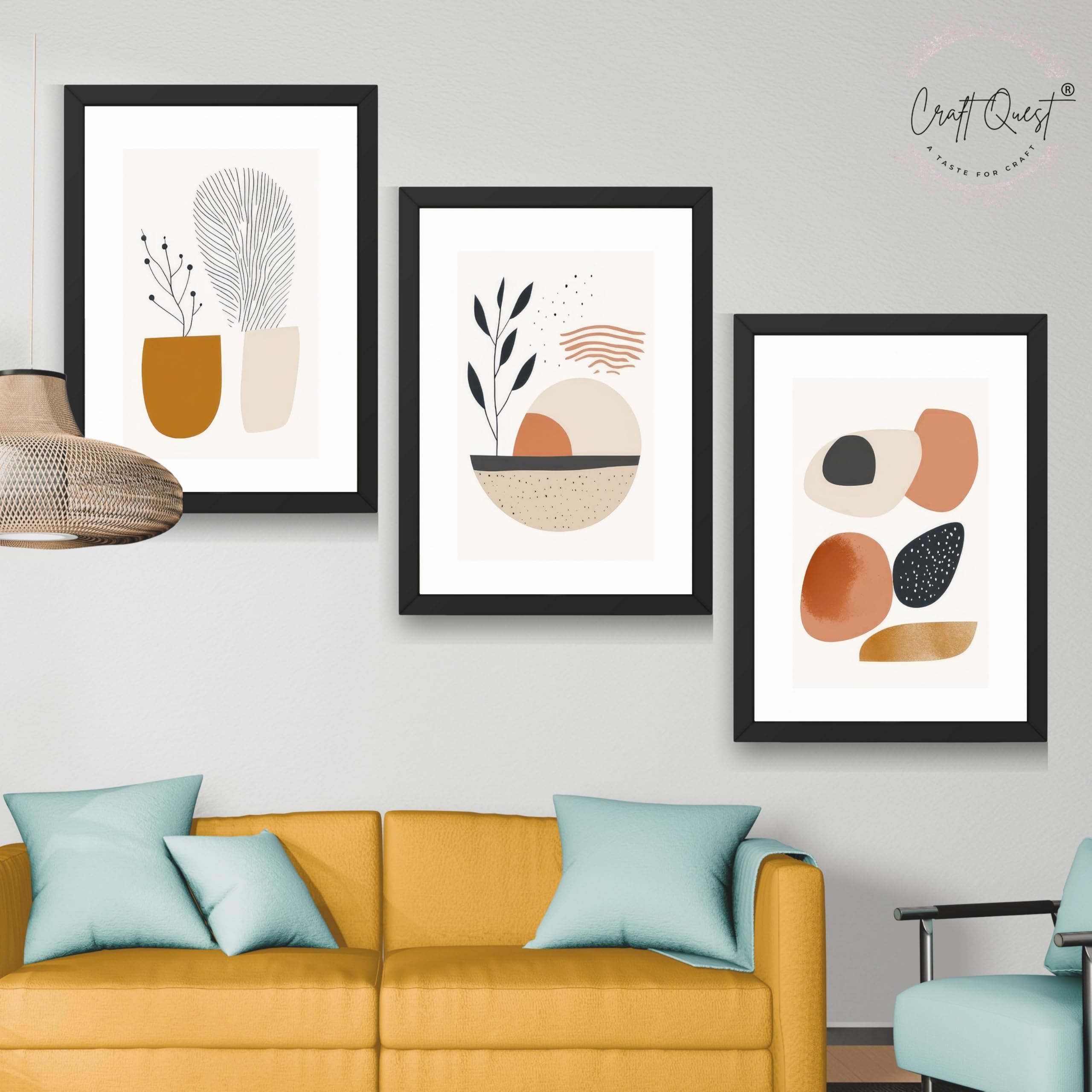 CRAFT QUEST Contemporary Organic Abstract Wall Art | Set of 3 Frames for Home Decoration | Ideal for Living Room, Bedroom & Offices