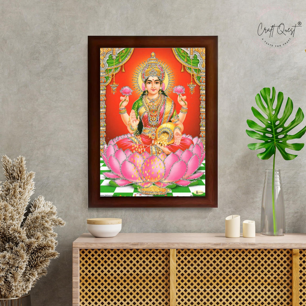 CRAFT QUEST Goddess Lakshmi Devi Dhana Vaibhav Laxmi Maa Wall Painting Frame for Diwali,Temple, Pooja, Living Room Home and Decor Item
