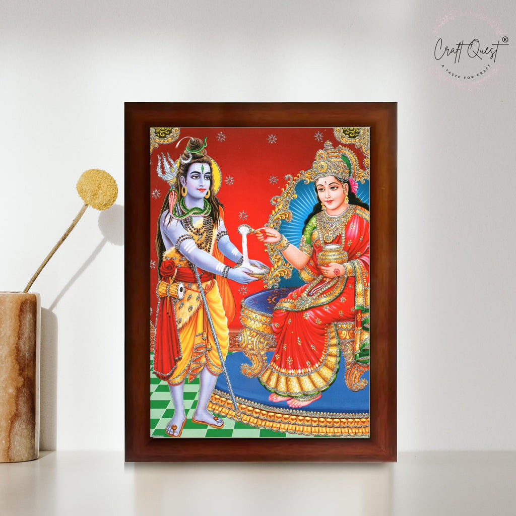 CRAFT QUEST Shiva & Maa Annapurna devi sitting on throne photo frame with Acrylic Glass for Kitchen, Restraunt