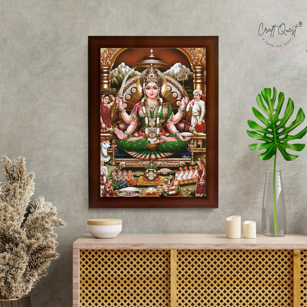 CRAFT QUEST Goddess Santoshi Mata/Devi Santhoshi Maa Photo Frame for Pooja, Home, Temple, Gift, Wall Décor Item