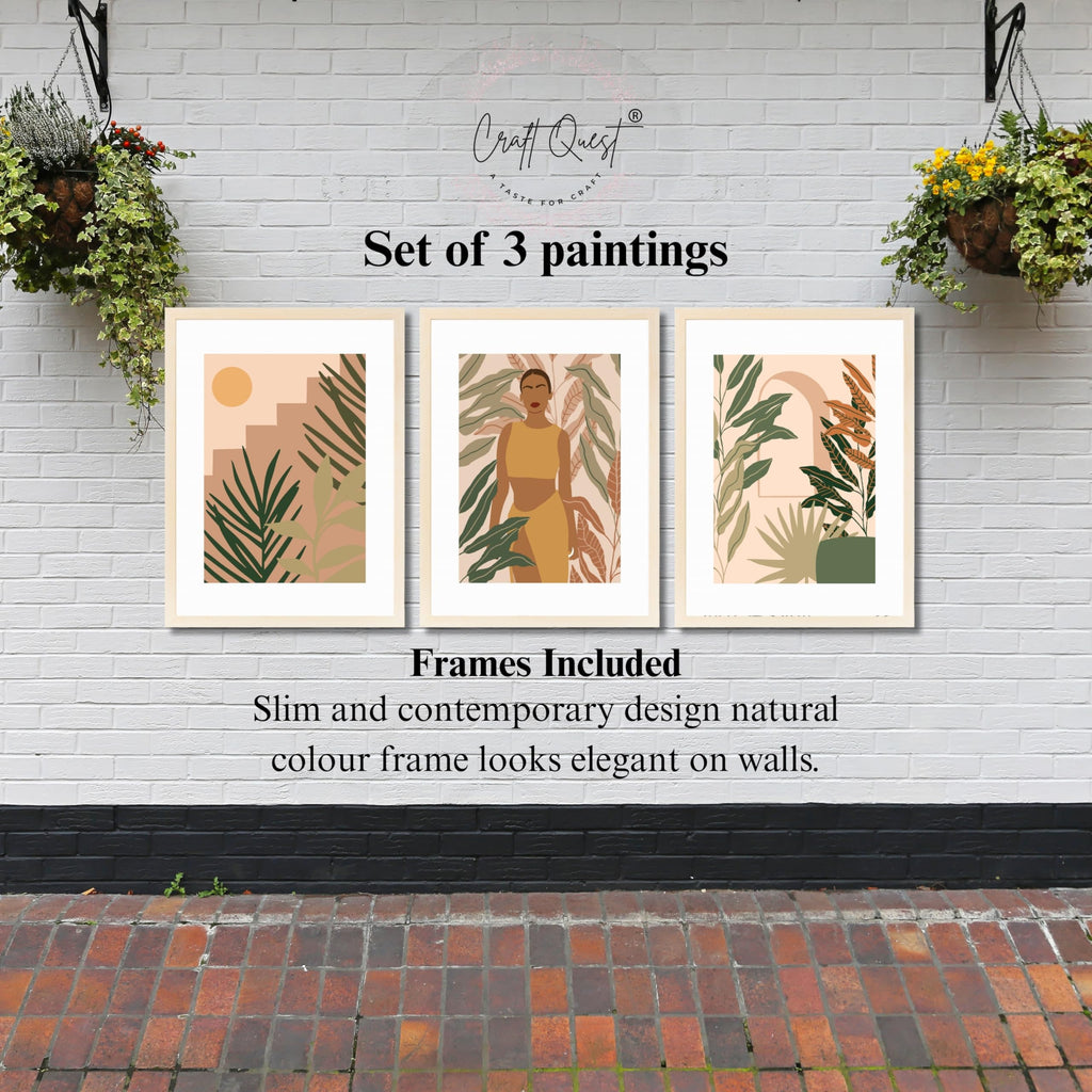 CRAFT QUEST Beautiful Abstract Of American Woman & Tropical Leaves Wall Art | Set of 3 Frames for Home Decoration | Ideal for Living Room, Bedroom & Offices