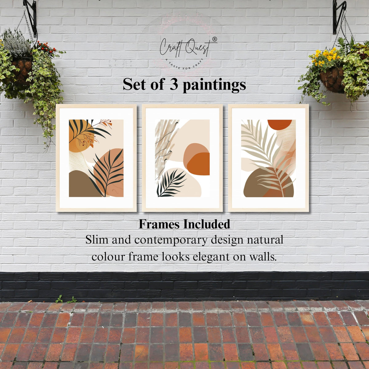 CRAFT QUEST Modern Abstract Featuring Stylized Plants | Set of 3 Frames for Home Decoration | Ideal for Living Room, Bedroom & Offices