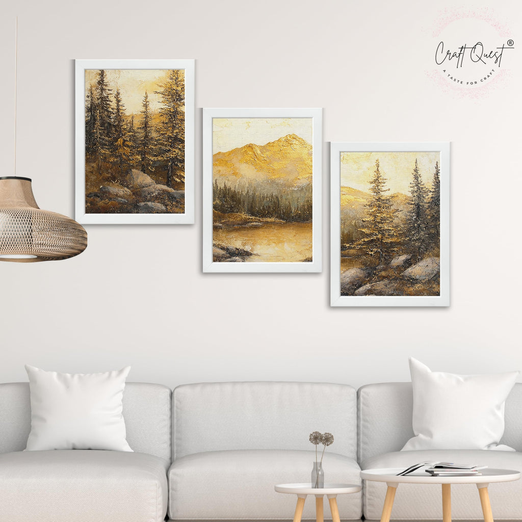 CRAFT QUEST Nature Inspired Painting Of Mountain With Trees Wall Art | Set of 3 Frames for Home Decoration | Ideal for Living Room, Bedroom & Office