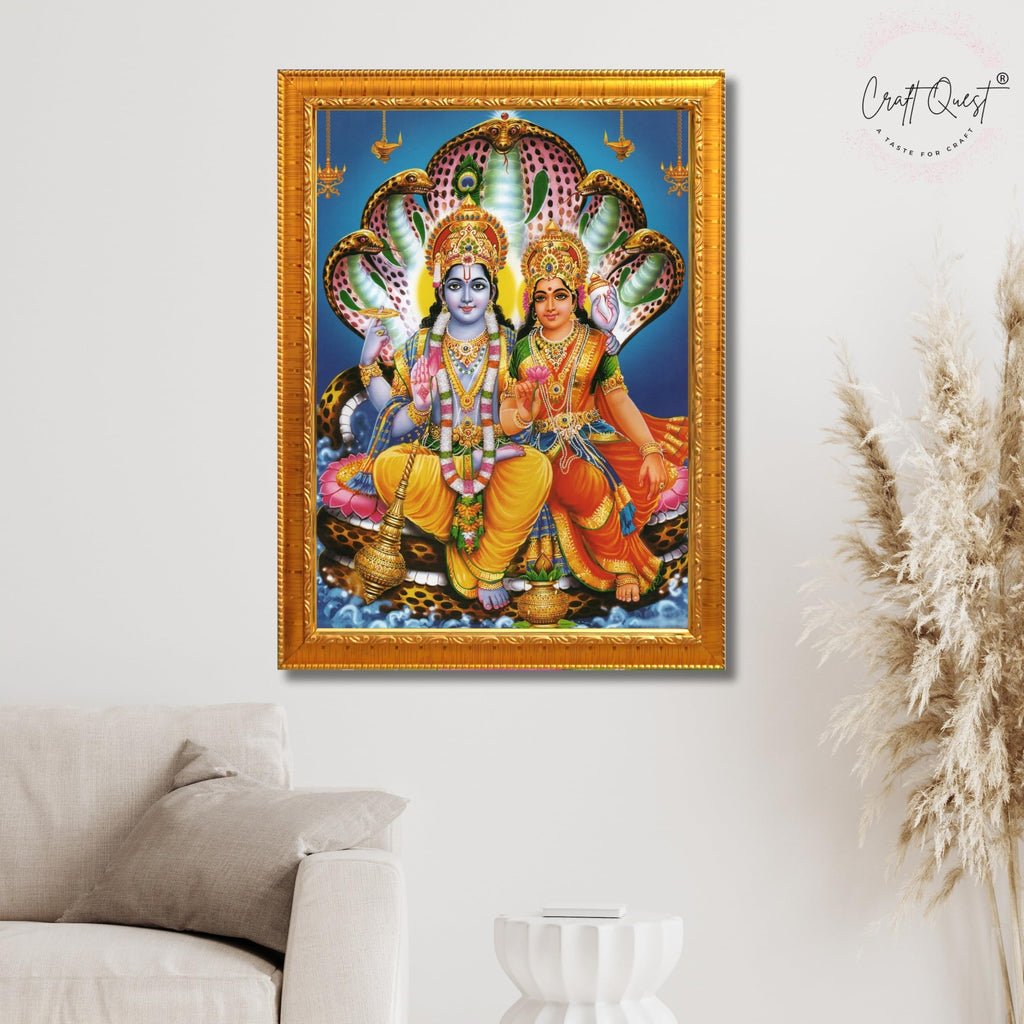 CRAFT QUEST Laxmi Narayan Laxmi Vishnu Dev Lakshmi Devi Ji Wall Painting Framed Home Decor, Religious Photo Frame