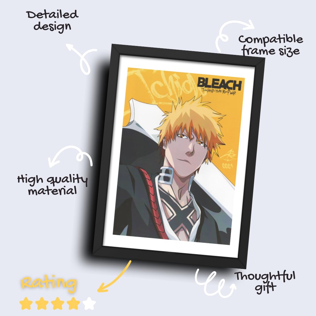 CRAFT QUEST Bleach thousand year blood war manga Poster Anime Laminated Posters Framed Painting with Matte Black Frame (14 Inches x 10 Inches)