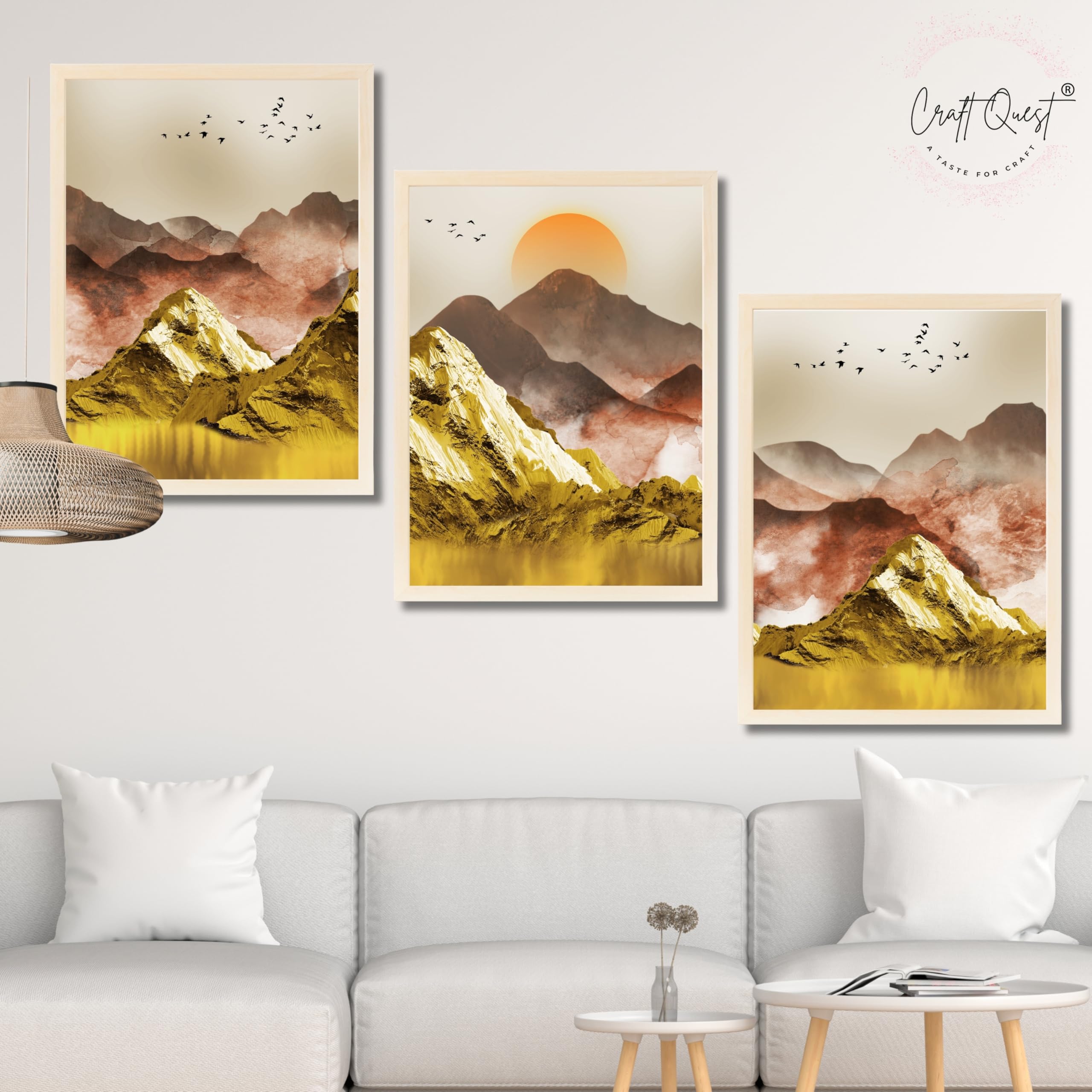 CRAFT QUEST Modern Art Mural Landscape Golden Mountains & Birds Wall Art | Set of 3 Frames for Home Decoration | Ideal for Living Room, Bedroom & Offices