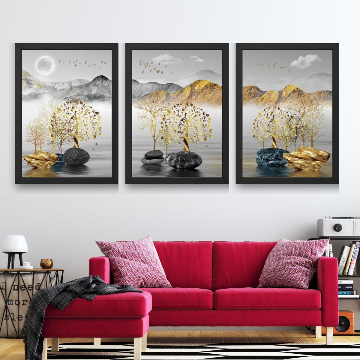 CRAFT QUEST Modern Art Landscape Golden Tree,Birds & Mountains Wall Art | Set of 3 Frames for Home Decoration | Ideal for Living Room, Bedroom & Offices