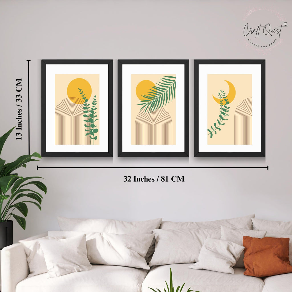 CRAFT QUEST Wall Art Decor Paintings | Set of 3 BOHO Wall Art Frames for Home Decoration | Ideal for Living Room, Bedroom & Office