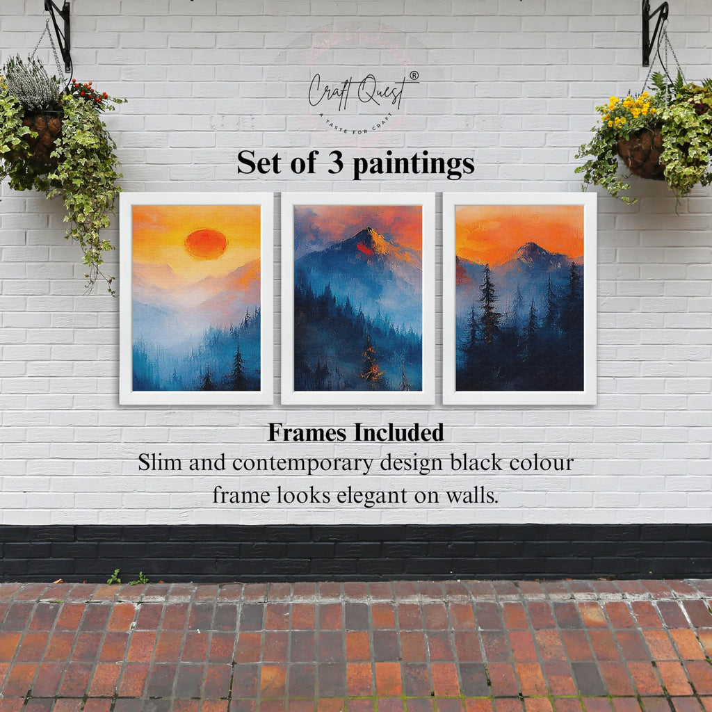 CRAFT QUEST Nature Inspired Landscape With Trees & Mountains Wall Art | Set of 3 Frames for Home Decoration | Ideal for Living Room, Bedroom & Offices