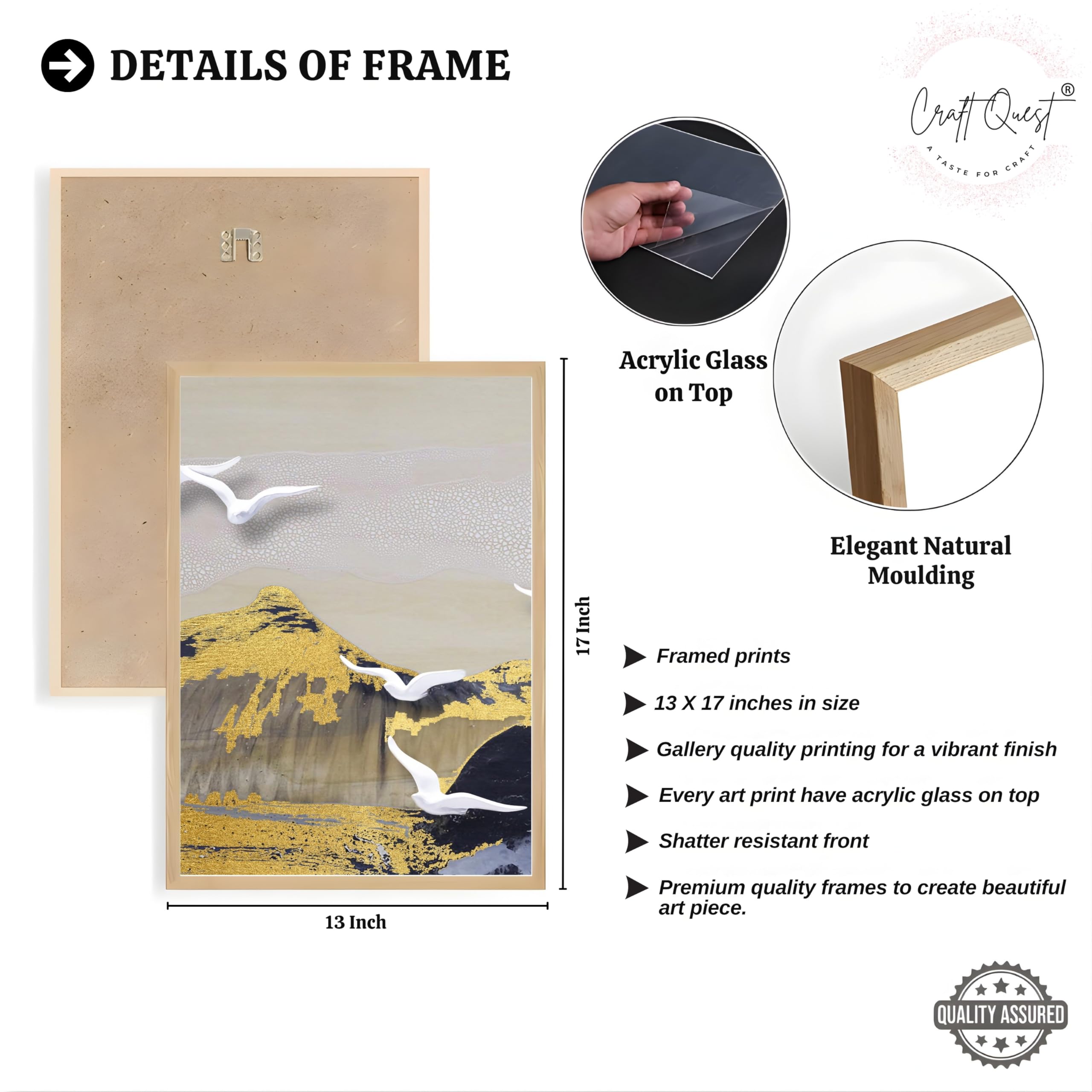 CRAFT QUEST Modern Art Abstract Porch Golden Wall Art | Set of 3 Frames for Home Decoration | Ideal for Living Room, Bedroom & Offices