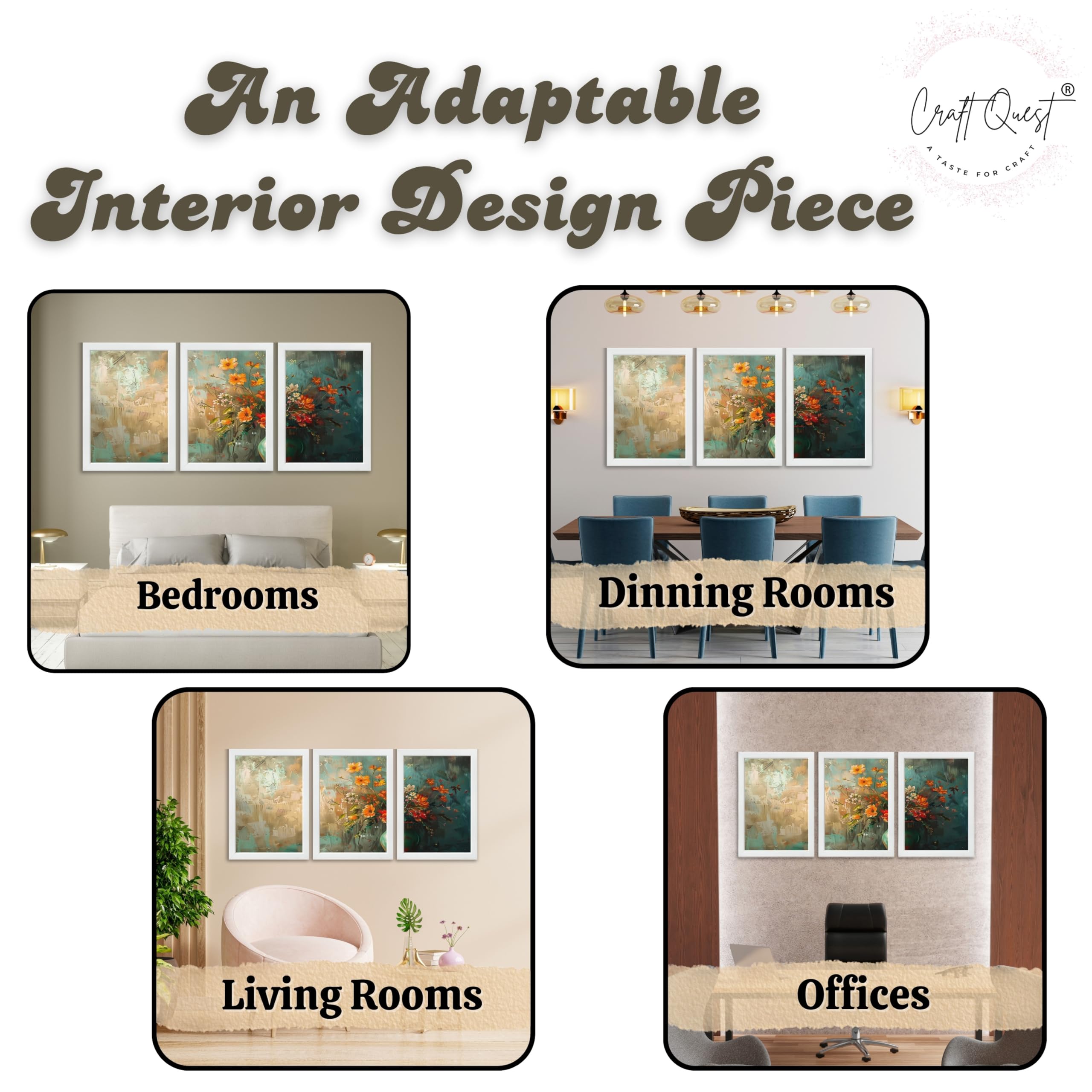 CRAFT QUEST Nature Inspired Paintings Of Flowers Wall Art | Set of 3 Frames for Home Decoration | Ideal for Living Room, Bedroom & Office