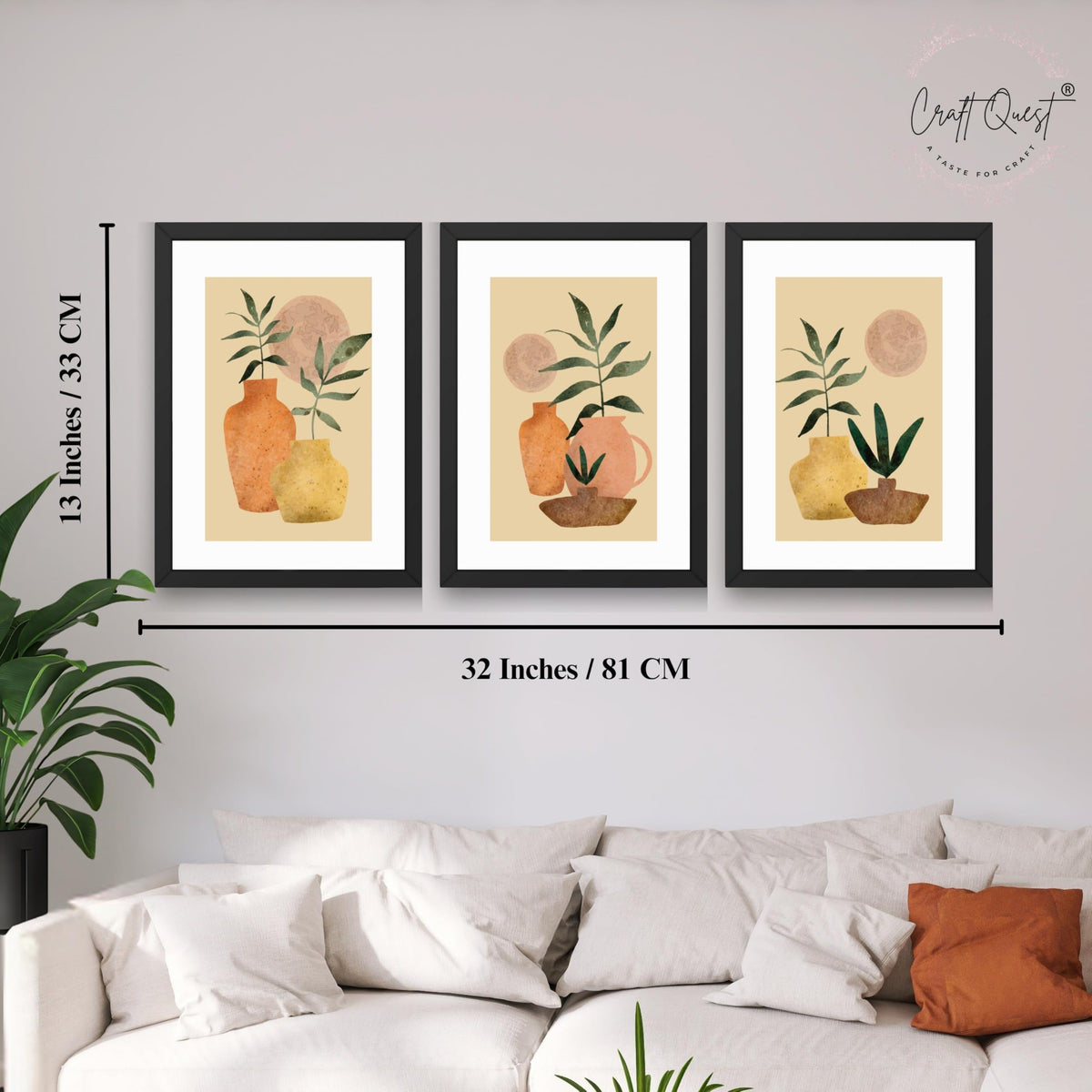 CRAFT QUEST Wall Art Decor Paintings | Set of 3 BOHO Wall Art Frames for Home Decoration | Ideal for Living Room, Bedroom & Office